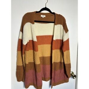 Umgee Boho Striped Cardigan Sweater Size M Oversized Waffle Knit Open Front Rust